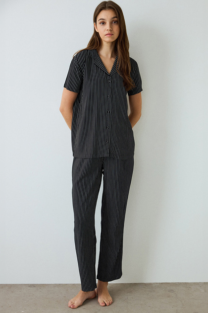 Black Striped Shirt Collar Short Sleeve Pyjama Set