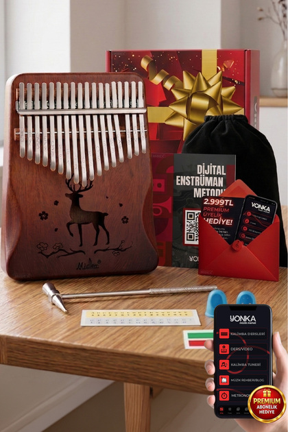 Midex Klx-520 Hakiki Ağaç Kalimba Ahşap Geyik Desenli 17 Paslanmaz