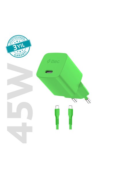 SmartCharger GAN 45W AVS PD Seyahat Hızlı Şarj Aleti + USB-C - USB-C 3A Kablo Neon
