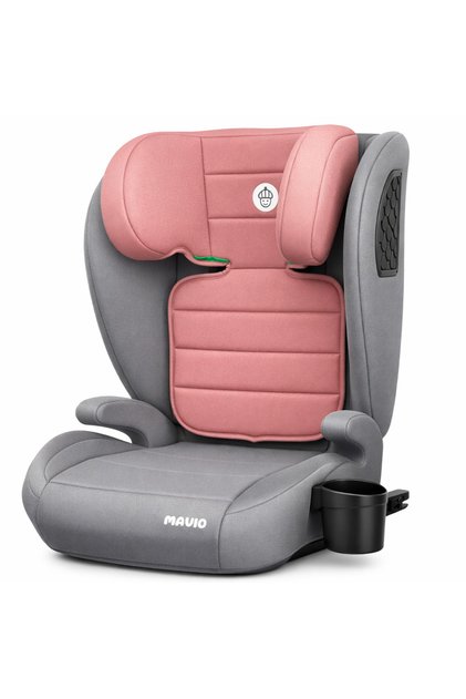 Scaun auto 100–150 cm, ISOFIX, tetiera reglabila, protectie laterala, suport pahar, gri/roz