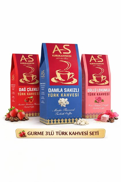 3'lü Türk Kahvesi Gurme Seti (DAĞ ÇİLEKLİ, DAMLA SAKIZLI, GÜLLÜ LOKUMLU)