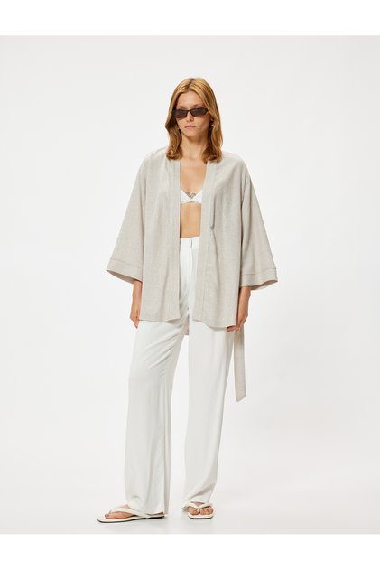 Linen Oversize Kimono with Wide Long Sleeves and Belt Detail