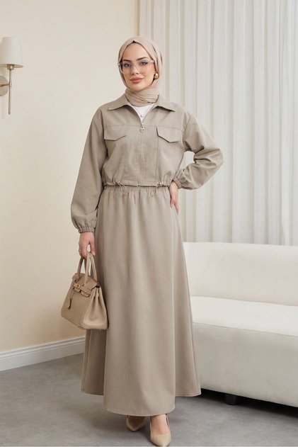 Elastic Waist Shirt Collar Balloon Sleeve Hijab Skirt Set - Stone Color