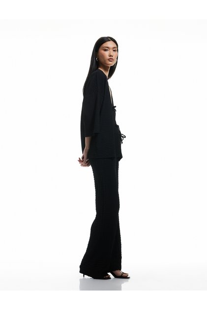 Textured Wide Straight Leg Trousers with Tie Waist