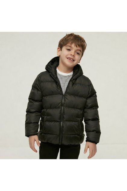 Boy's Water and Windproof Hooded Coat Puffer Jacket_Black