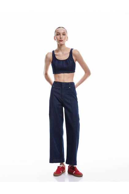 High Waist Wide Leg Ribbed Buttoned Jean Trousers - Culotte Jeans