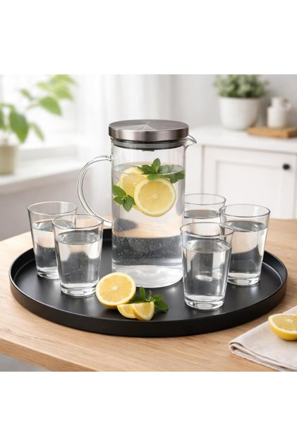 7 Parça Bardak Ve Sürahi Seti - Metal Kapaklı 2000 ml Sürahi 6 X 280 ml Bardak