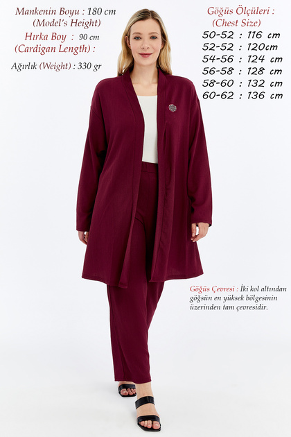 Plus Size Women's Summer Brooched Double Mother Set Breathable Wrinkled Fabric Pants Cardigan - Burgundy