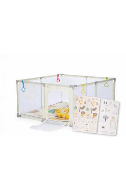 Tarc de joaca 120x120x65 cm cu cadru metalic, pereti din plasa, acces cu fermoar, 4 inele