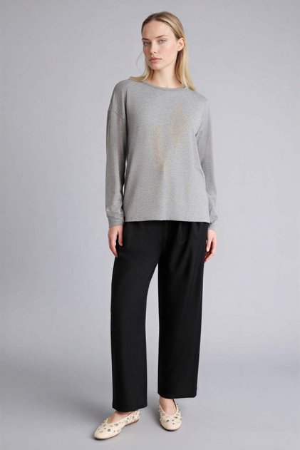 Relax Fit Crew Neck Stone Printed Long Sleeve T-Shirt H1203Ax26Sp