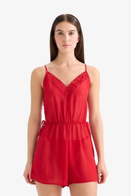 Regular Fit V Neck Chiffon Suspender Jumpsuit Nightdress G1542Ax25Wn