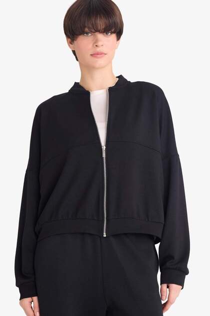College Collar Basic Zippered Bomber Cardigan G3427Ax25Au
