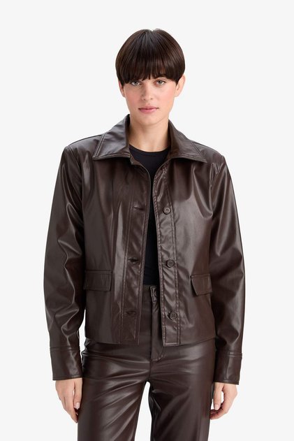 Regular Fit Polo Collar Faux Leather Blazer Jacket G2308Ax25Wn