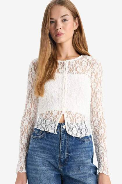 Fitted Crew Neck Lace Cardigan G3141Ax25Au