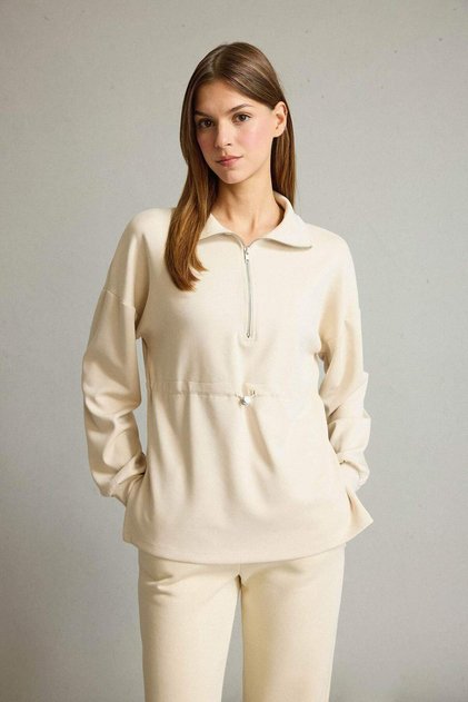 Polo Neck Elastic Waist Half Zipper Modal Sweatshirt G2922Ax25Au