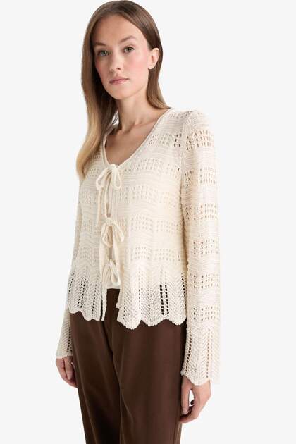 Regular Fit V-Neck Front Tie Openwork Knitwear Cardigan F7391Ax25Au