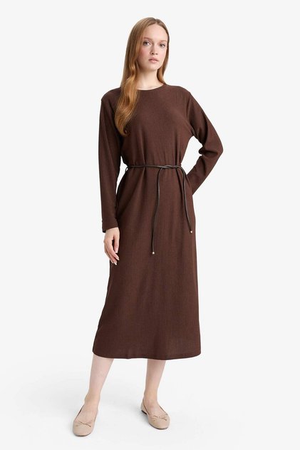 Rochie midi cu mânecă lungă din bumbac pieptănat Regular Fit F3091AX25WN