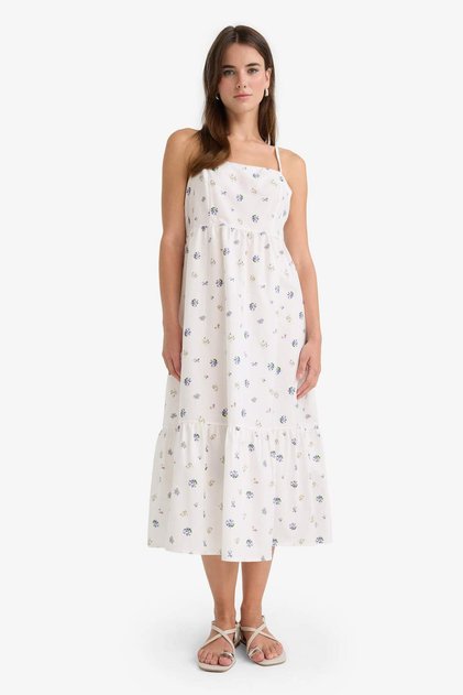 100% Cotton Square Neck Floral Poplin Strap Midi Dress F8909Ax25Au
