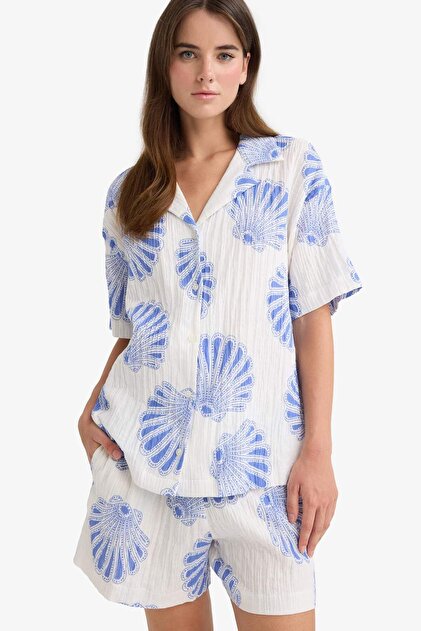 Regular Fit Patterned Jacket Collar Muslin Short Sleeve Shirt F6998Ax25Sm