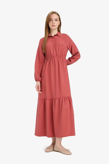 Shirt Collar Waist Gathered Long Sleeve Maxi Dress D5851Ax25Sp