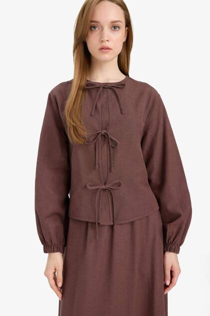 Bluză hijab cu mânecă lungă din in, cu croi frontal, Relax Fit E5352AX25SP