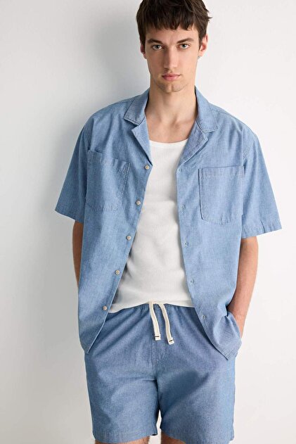 100% Cotton Relax Fit Jean Short Sleeve Shirt E1389Ax25Sm