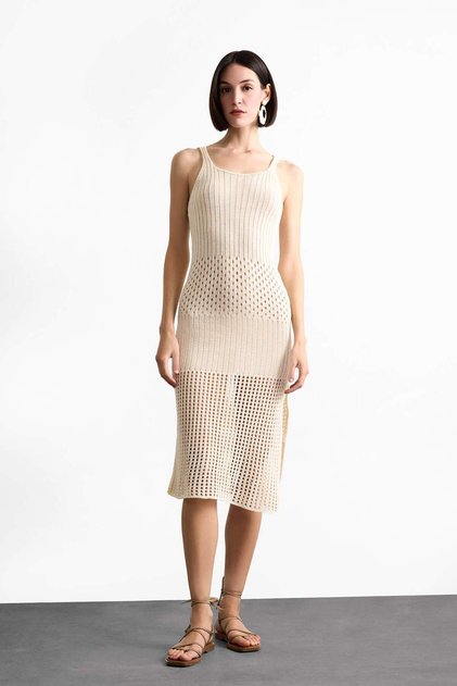 Crochet Knitwear Midi Beach Dress with Strap F7449Ax25Sm
