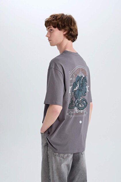 Defacto %100 Pamuk Oversize Fit Bisiklet Yaka Marin Sırt Baskılı