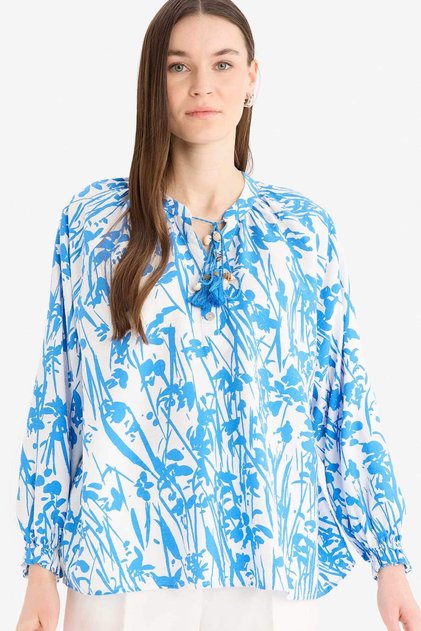 Relax Fit Lace-Up Collar Patterned Long Sleeve Hijab Shirt Tunic E1100Ax25Hs