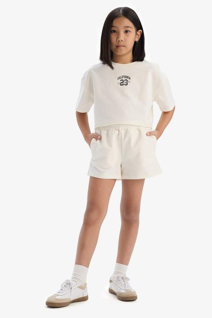 Cotton 2-Piece Set Printed Short Sleeve Ecru T-Shirt Shorts Girls E0730A825Sm