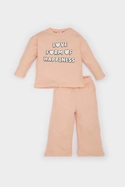 2'li Takım Waffle Baskılı Sweatshirt Beli Lastikli Eşofman Altı Kız Bebek E0202A525SP