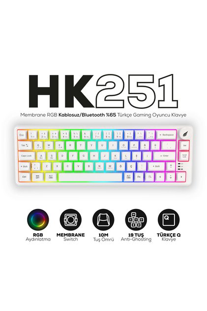 HK251 Membrane RGB Kablosuz/Bluetooth Beyaz %65 Türkçe Gaming Oyuncu Klavye
