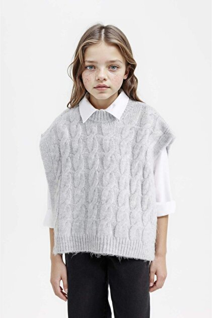 Strickpullover mit Rundhalsausschnitt und Haarmuster für Mädchen C9659A824WN
