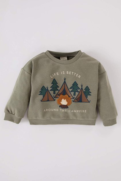 Baby Boy Crew Neck Nature Printed Soft Furry Inside Sweatshirt D5642A524Wn
