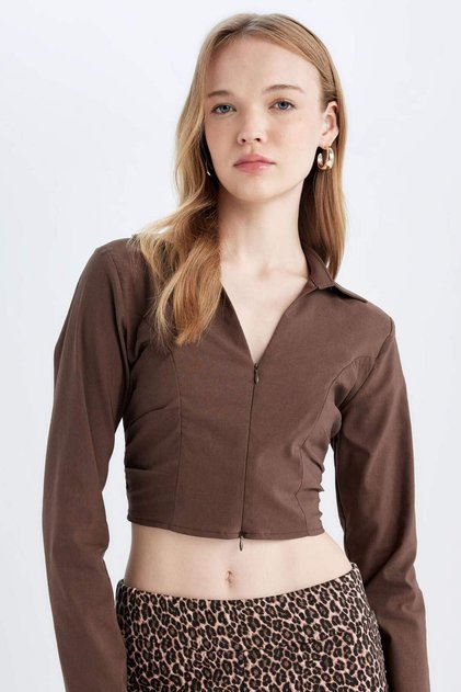 Fitted Bodycon Shirt with Collar and Zipper, Bengaline Long Sleeve Crop Basic Plain Blouse C5037Ax24Au