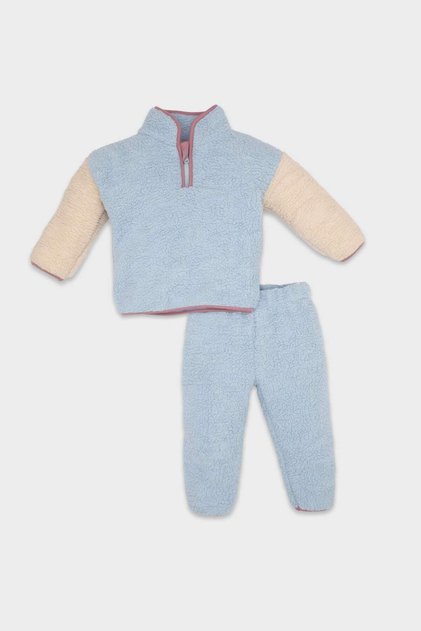 Kız Bebek 2'li Takım Pelüş Fermuarlı Dik Yaka Sweatshirt Beli Lastikli Alt D6706A524WN