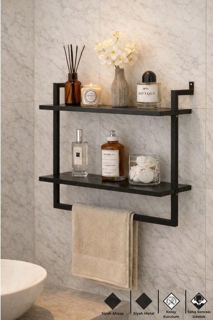 60x20 cm Banyo Rafı Duvara Monte Havluluk 2 Katlı Dekoratif Düzenleyici Organizer Siyah Metal