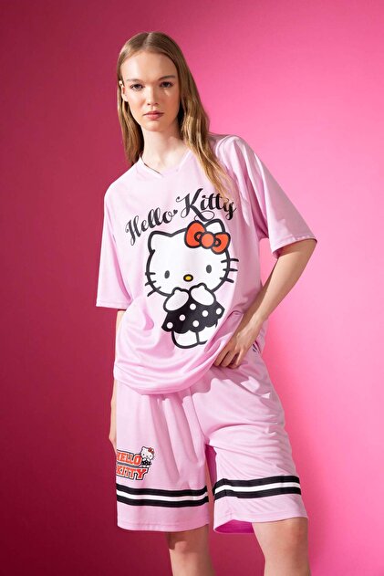 Defacto Coool Hello Kitty Oversize Geniş Kalıp V Yaka Kısa Kollu