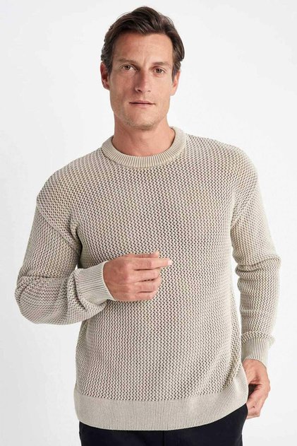 %100 Pamuk Relax Fit Bisiklet Yaka Dokulu Triko Kazak D2061AX24AU