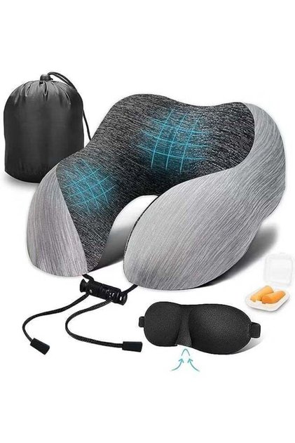 Travel Pillow Memory Foam, Neck Support for Airplane Car, Kit with Storage Bag Sleep Mask