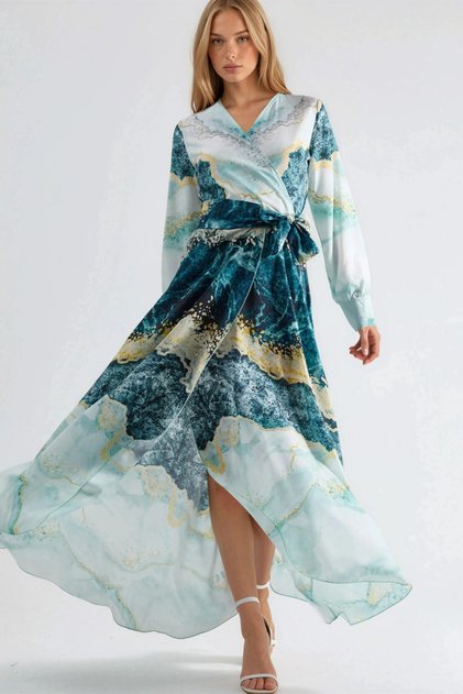Msn Patterned Long Sleeve Maxi Dress with Tie Detail