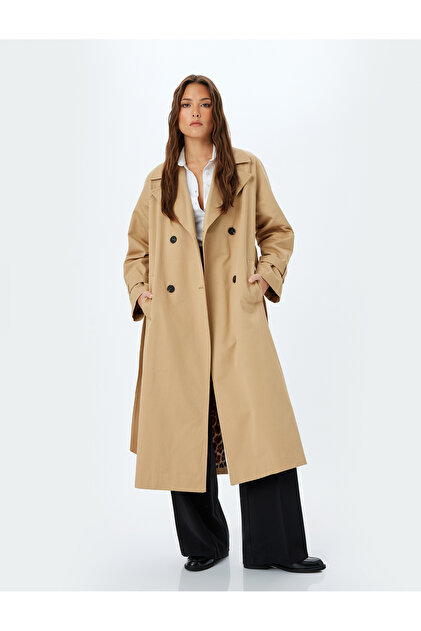 Koton Gabardine Double Breasted Extra Long Trench Coat with