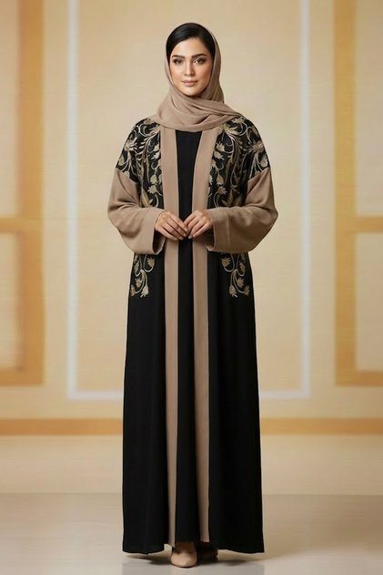 2 Pieces Elegant Black Brown Embroidered Abaya For Women Long Sleeve With Inner Muslim Abaya Dress