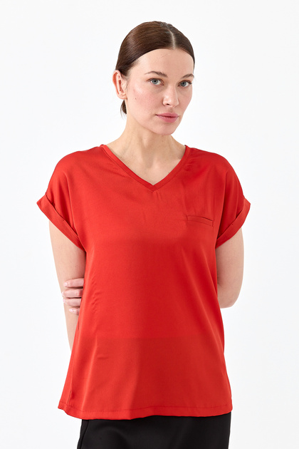 Women's V-Neck Front Satin Blouse Orange