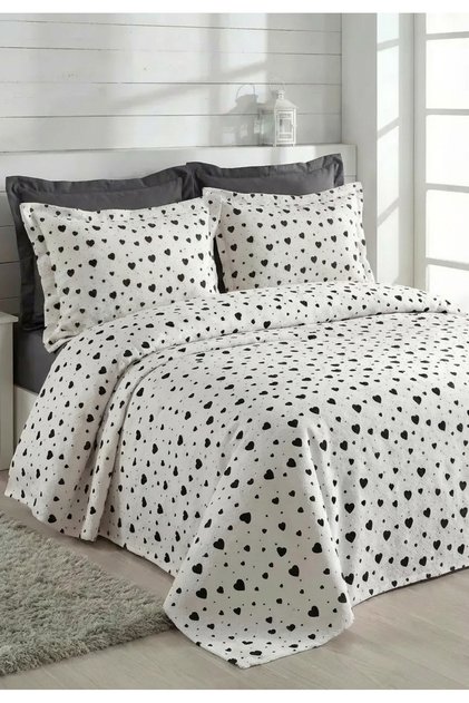 Heart Patterned Double Pique Set 6 Pieces – Bedspread Set with Elastic Sheets