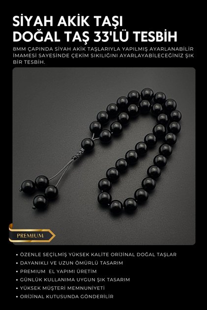 Original Natural Stone 8mm Black Agate 33-Piece Prayer Beads, Men's Gift, Handmade Prayer Beads (Adjustable Imame)