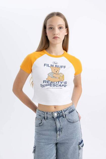 Fitted Crew Neck Printed Corded Fabric Ribbed Knit Short Sleeve T-Shirt C5720Ax24Sm