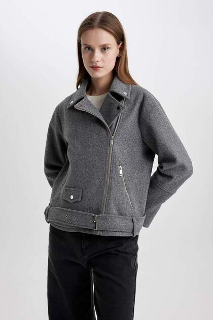 Regular Fit Jacket Collar Pocket Belt Zipper Short Cashmere Coat B8830Ax23Wn
