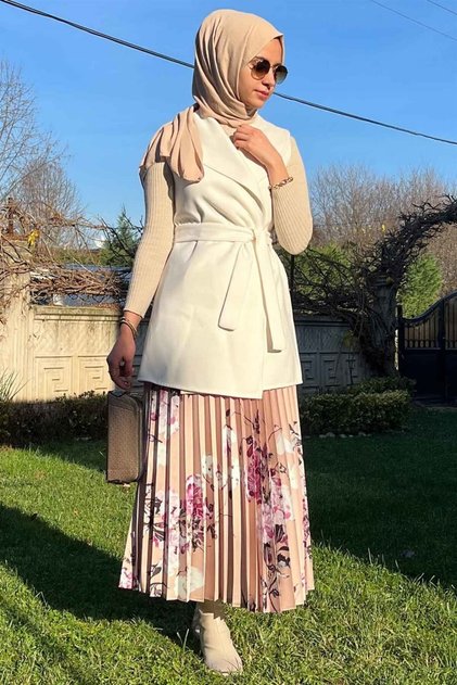 Beige Floral Pleated Skirt