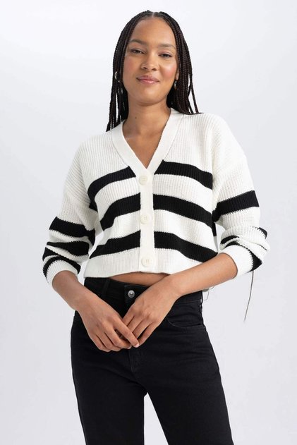 Regular Fit V-Neck Striped Buttoned Knitwear Cardigan Z8539Az23Wn